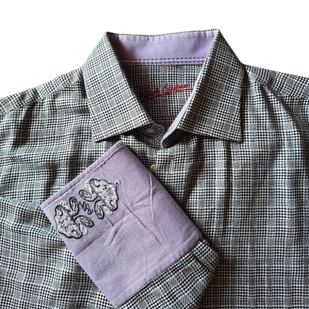 Robert Graham Houndstooth Cotton Long Sleeve Button Down 42 16 1/2 Purple Cuffs